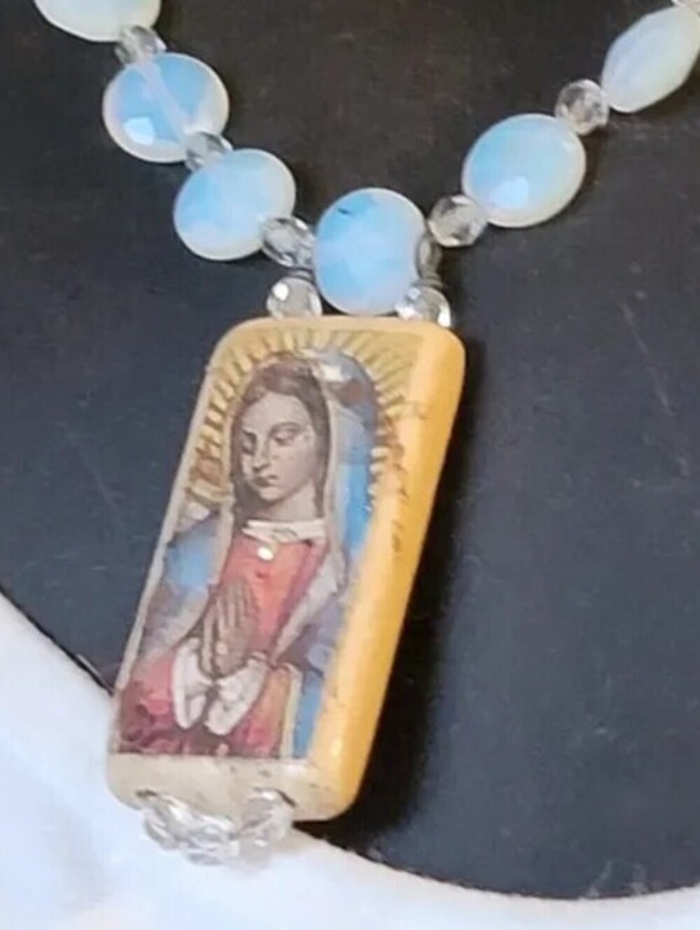 Madonna Beaded Necklace Milky Faceted Lucite Christian  Religious Jewelry blu1-1